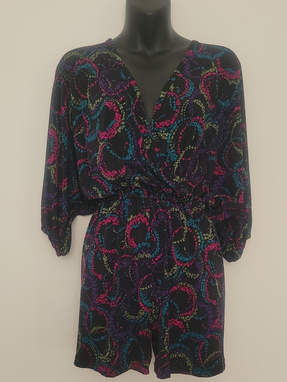 Women's Black Multi-Color Wrap Romper Dress